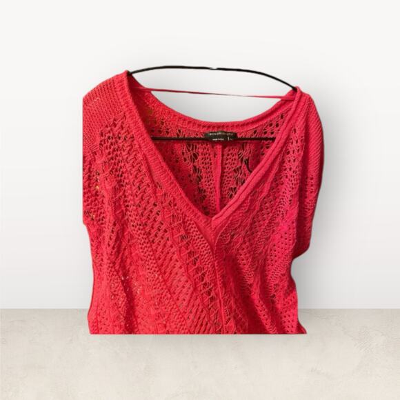 BCBG Maxazria Crocheted Linen Cotton Blend Bohemian Top Pink Lge Oversized Retro - Picture 3 of 8